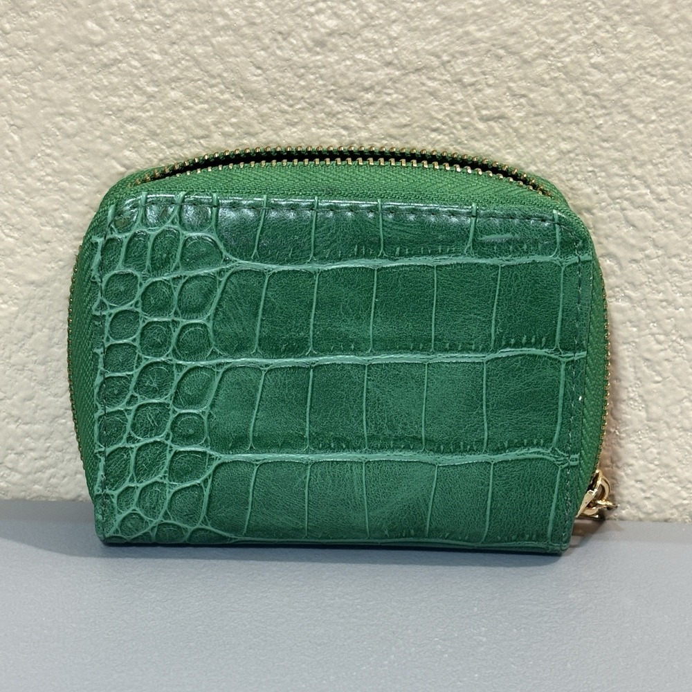 A New Day Green Wallet ID Card Holder Alligator Print Zip Coin‎ Money Gold Clean